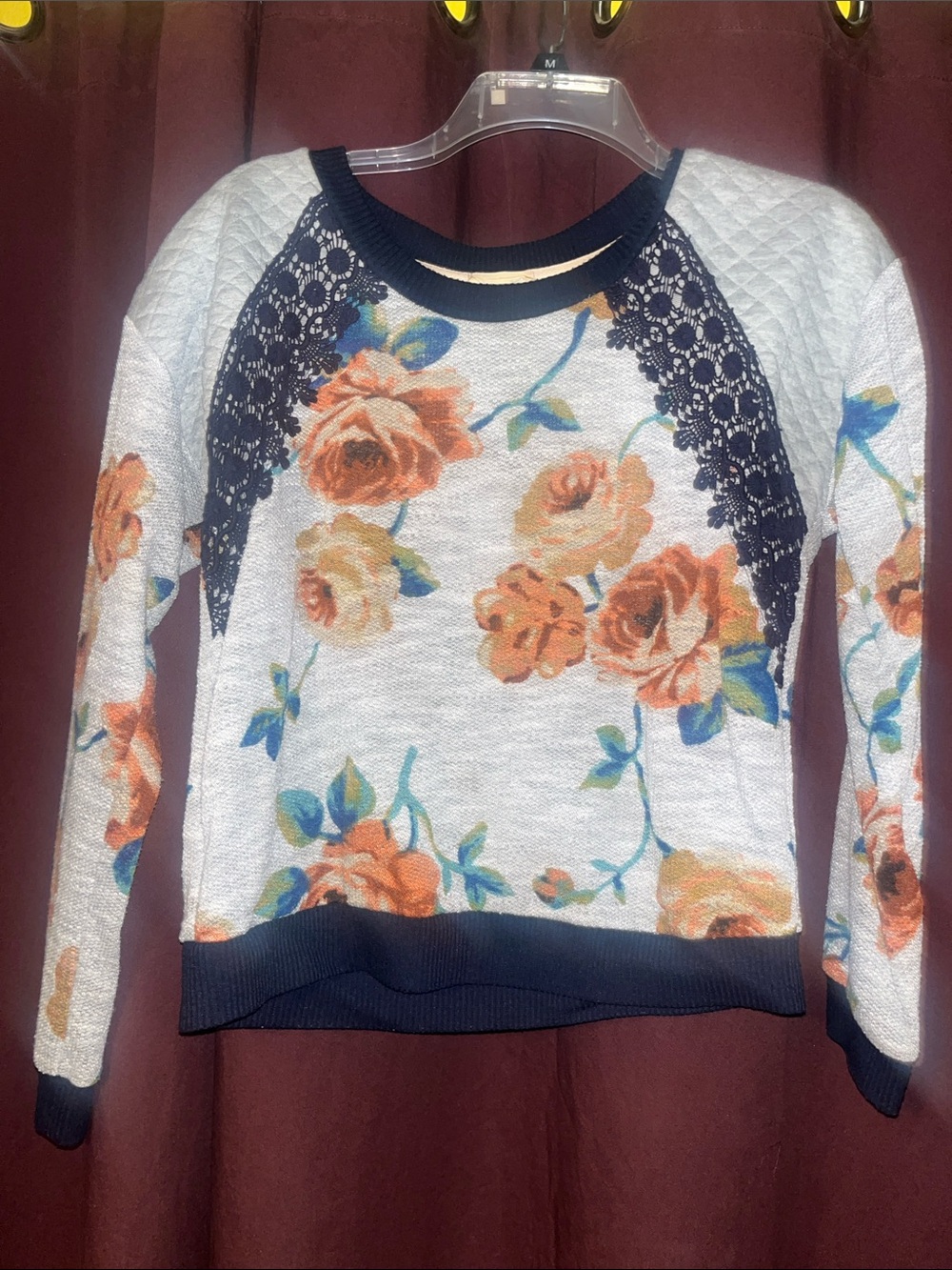 Floral Quilted Raglan Sweater with Lace Insets - Orange/Navy